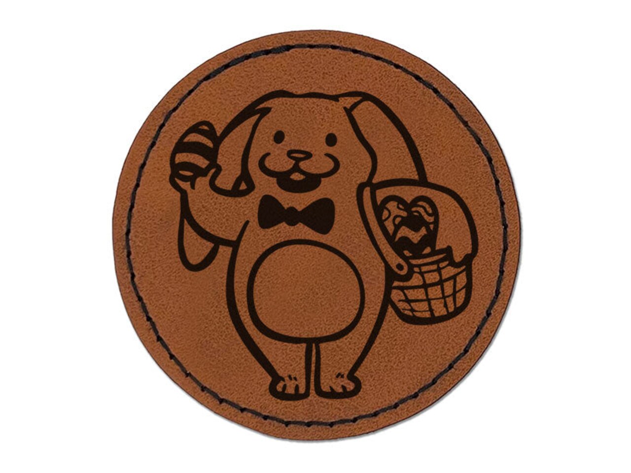 Easter Bunny Rabbit with Basket of Eggs Round Iron-On Engraved Faux Leather Patch Applique - 2.5 Inch